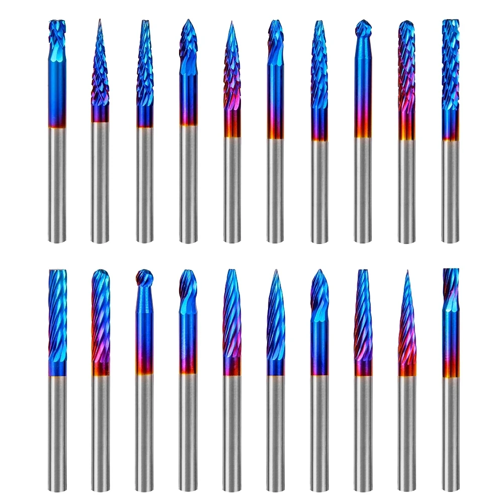 20pcs End Mill Engraving Bit Set Nano Blue Coat CNC Router Bits 1/8 Inch Shank Carbide Cutting Milling Cutter
20pcs End Mill Engraving Bit Set Nano Blue Coat CNC Router Bits 1/8 Inch Shank Carbide Cutting Milling Cutter