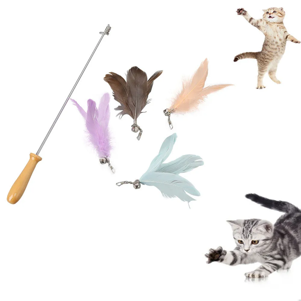 

5 шт для домашних животных кошки интерактивная игрушка перо Дразнилка для котенка палочка колокол искусственный красочная игрушка-тизер дл...