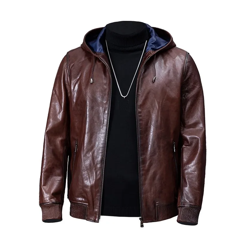 Quality Mens High Casual Genuine Leather Jackets Short Loose Pockets Zippers O-Neck Natural Cowhide Hooded Vintage Outerwear
Quality Mens High Casual Genuine Leather Jackets Short Loose Pockets Zippers O-Neck Natural Cowhide Hooded Vintage Outerwear