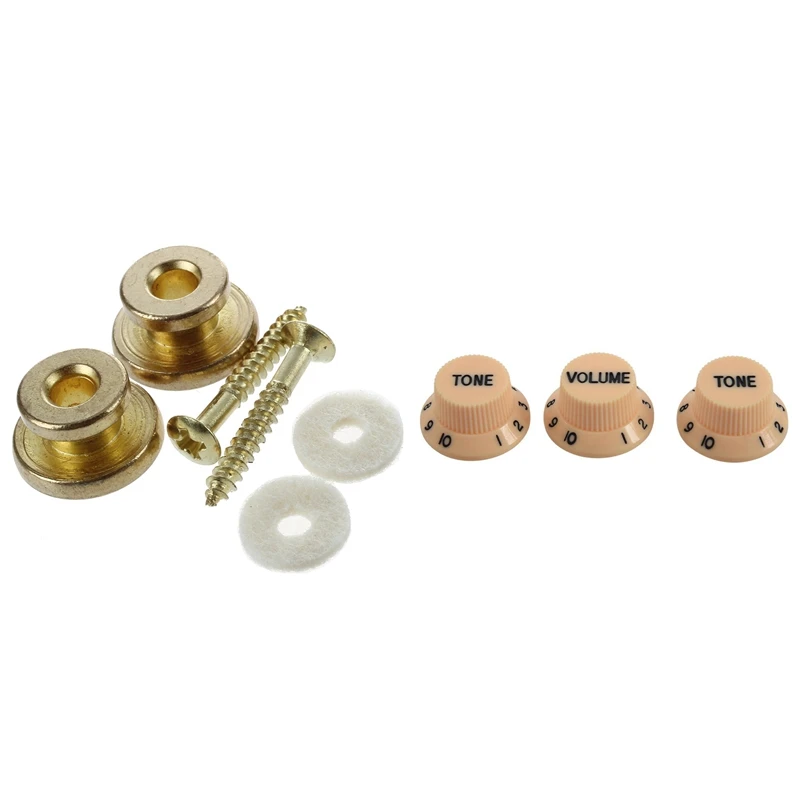 2Pcs Golden Strap Button With Mounting Screw With New Cream Dark Blue Font 1 Volume & 2 Tone Guitar Control Knobs
2Pcs Golden Strap Button With Mounting Screw With New Cream Dark Blue Font 1 Volume & 2 Tone Guitar Control Knobs