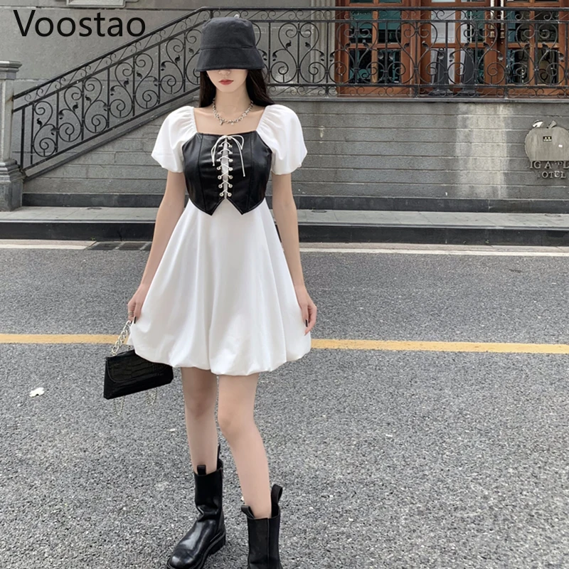 Korean Vintage Gothic Mini Dress Women Summer Streetwear Square Collar Puff Sleeve Bandage Party Dresses Female Chic Punk Dress
Korean Vintage Gothic Mini Dress Women Summer Streetwear Square Collar Puff Sleeve Bandage Party Dresses Female Chic Punk Dress