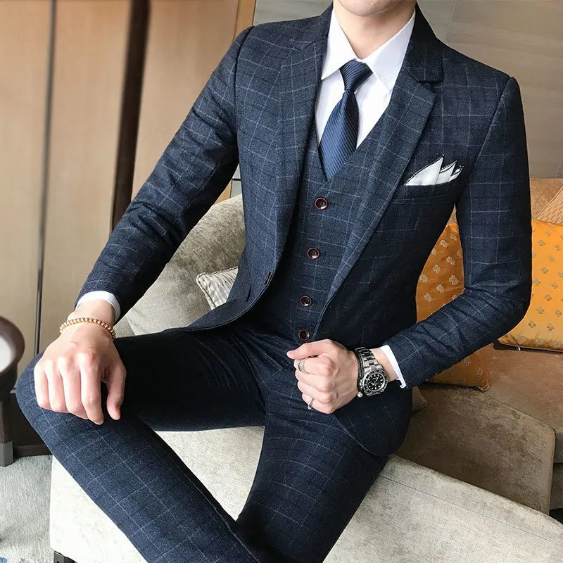 Brand suit men's 2020 classic check 3 Piece Set luxury fashion Men's blue tuxedo boutique men groom wedding dress | Мужская