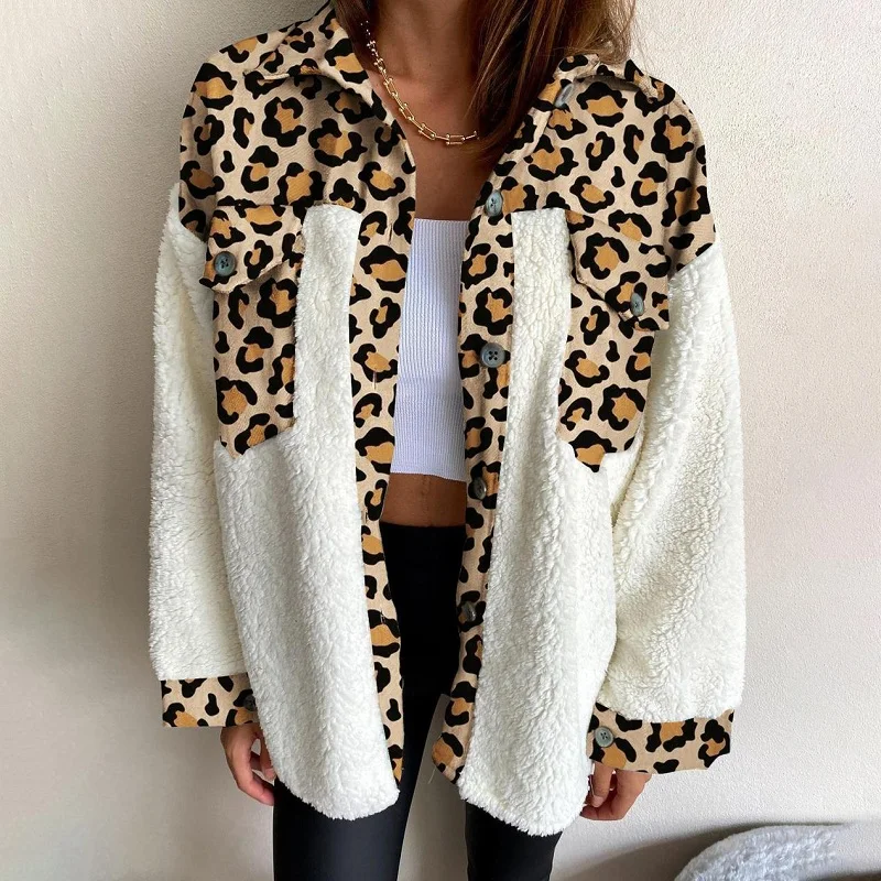 Plush Coat Leopard Print Stitching Winter Outerwear Single-breasted Button Vintage Jacket Long-sleeved Lapel Female Clothing Top
Plush Coat Leopard Print Stitching Winter Outerwear Single-breasted Button Vintage Jacket Long-sleeved Lapel Female Clothing Top