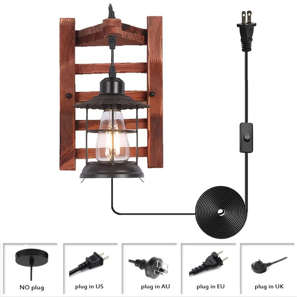 

Industrial Black Metal Cage Shade Textured Brown Wooden Wall Light Wall Sconces Plug-In Cord Retro Rectangle Wall Lamp