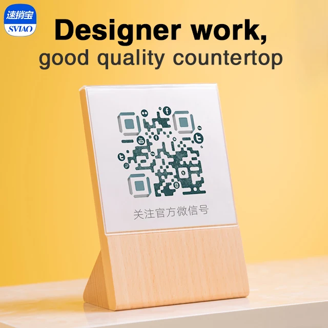 

Cheap Acrylic Price tag label holder QR code coffee advertising store shop sign holder wood wooden display card stand