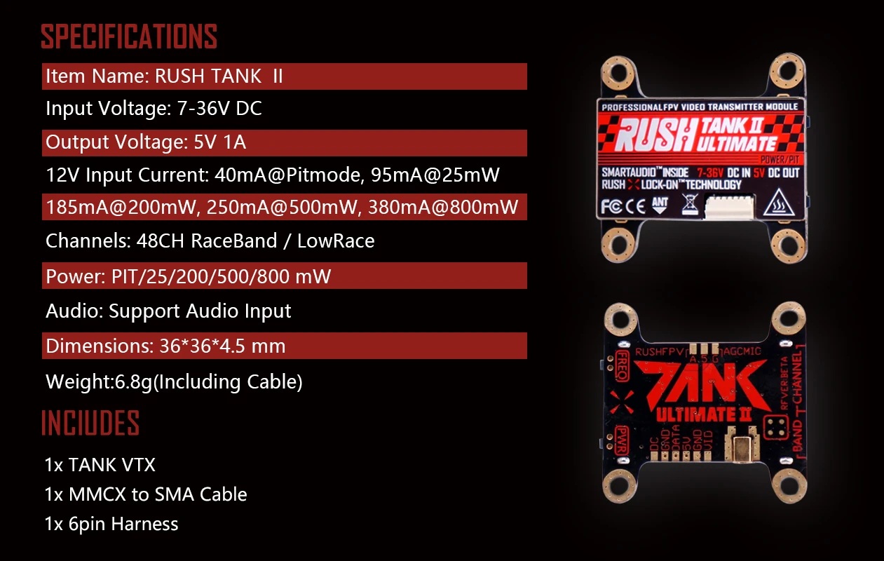 Радиоуправляемый передатчик RUSH TANK II V2 Ultimate 5 8 ГГц 48 каналов Raceband PIT/25/200/500/800 МВт 2-8S