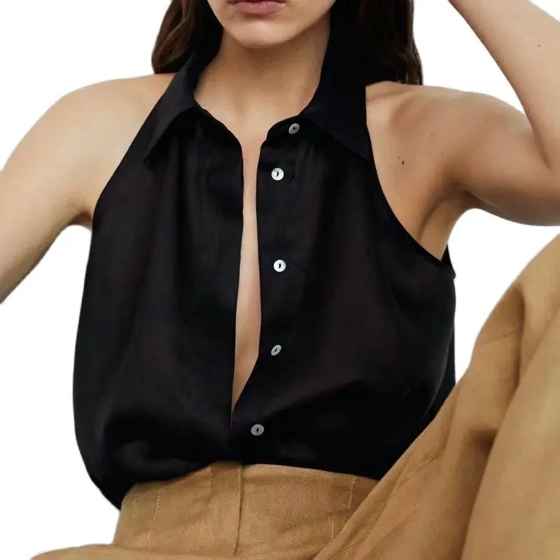 2022 Summer Fashion Women Casual Button-Up Sleeveless Halter Neck Shirts Lady Cotton Linen Solid Black Wine Red Blouse Chic Tops
2022 Summer Fashion Women Casual Button-Up Sleeveless Halter Neck Shirts Lady Cotton Linen Solid Black Wine Red Blouse Chic Tops
