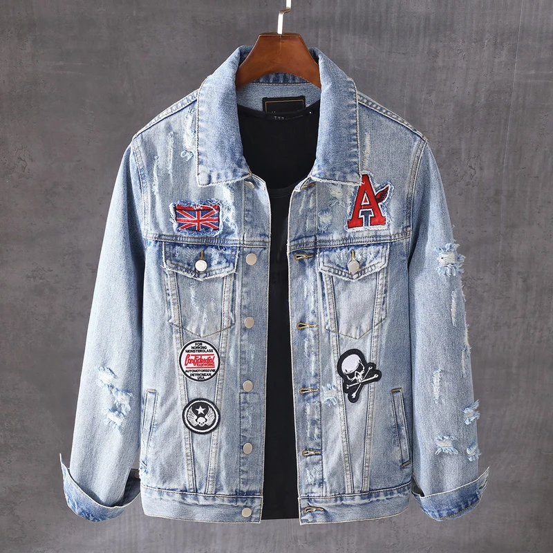 Fashion Streetwear Men Jackets Autumn Light Blue Newly Designer Ripped Denim Jacket Hombre Cotton Coats Patches Hip Hop Chaqueta
Fashion Streetwear Men Jackets Autumn Light Blue Newly Designer Ripped Denim Jacket Hombre Cotton Coats Patches Hip Hop Chaqueta
