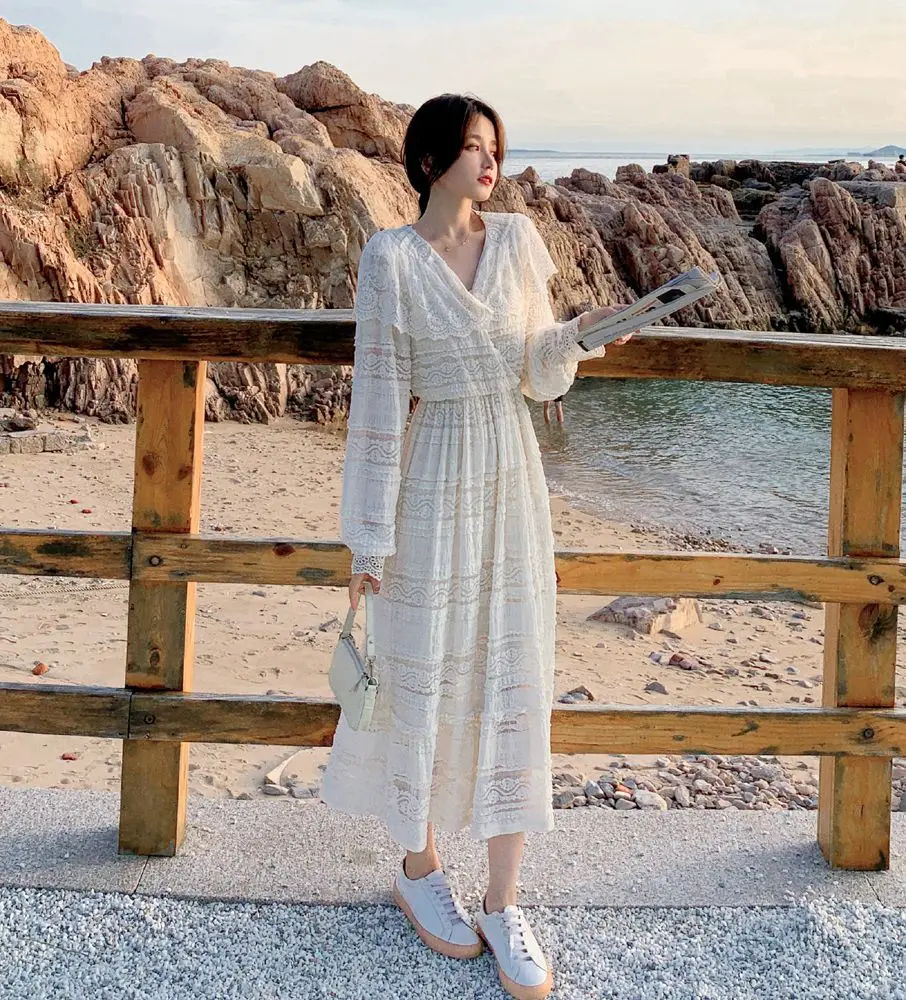 Dress Women Autumn 2021 Office Lady French Style Vintage Ruffles Sleeve Solid Lace High Waist V-Neck Long Dresses Traf
Dress Women Autumn 2021 Office Lady French Style Vintage Ruffles Sleeve Solid Lace High Waist V-Neck Long Dresses Traf
