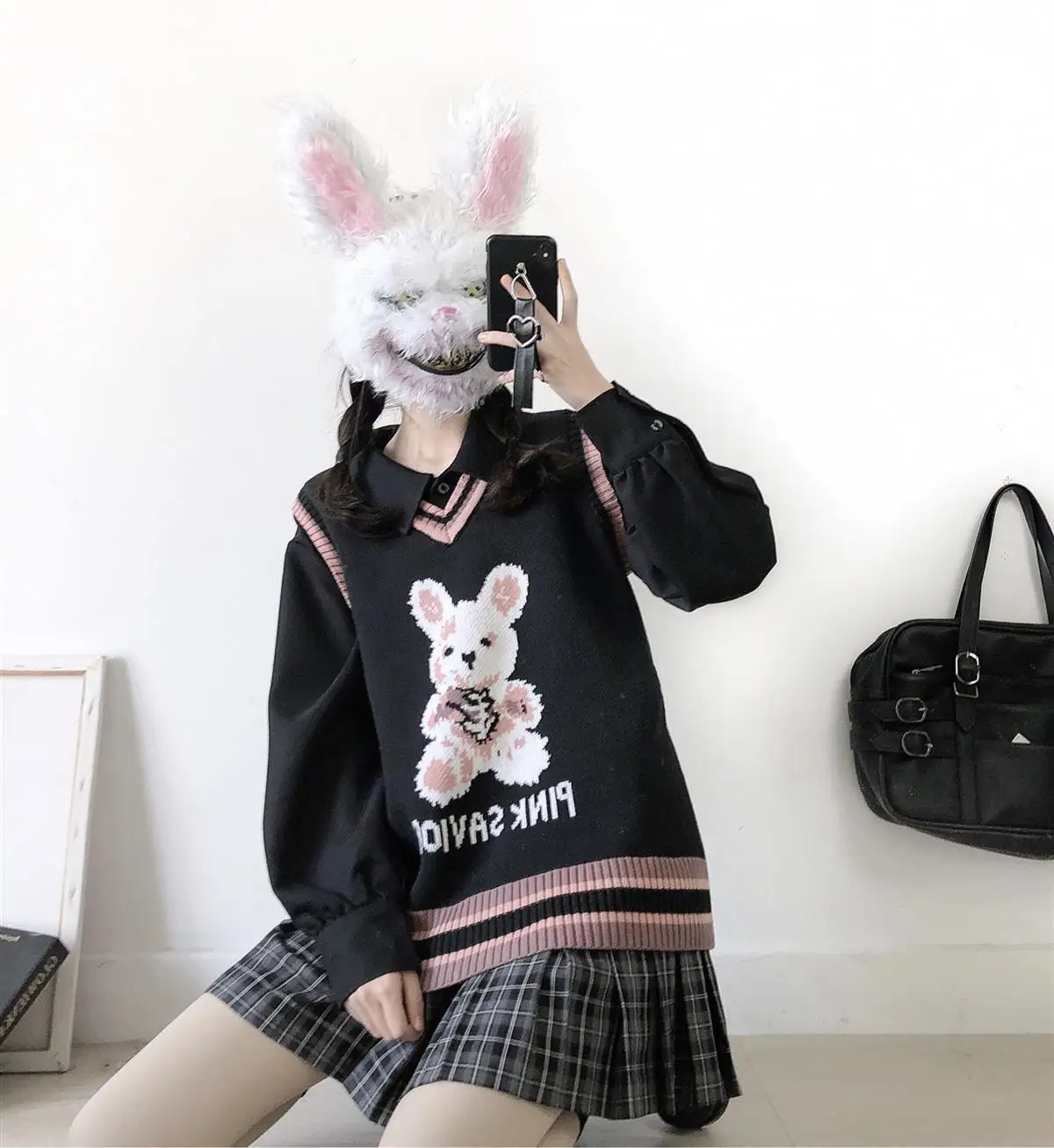 V-Neck Sleeveless Pullover Black Women's Knitted Sweater Harajuku Knit Vest Preppy Style Kawaii Sweater Rabbit Knitted Vest
V-Neck Sleeveless Pullover Black Women's Knitted Sweater Harajuku Knit Vest Preppy Style Kawaii Sweater Rabbit Knitted Vest