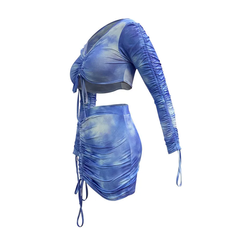 2020 Sexy Women Long Sleeve Tie Dyeing Print Two-pieces Set V-neck Off Shoulder T-shirt Crop Tops High Waist Lace-up Skirt Dress
2020 Sexy Women Long Sleeve Tie Dyeing Print Two-pieces Set V-neck Off Shoulder T-shirt Crop Tops High Waist Lace-up Skirt Dress