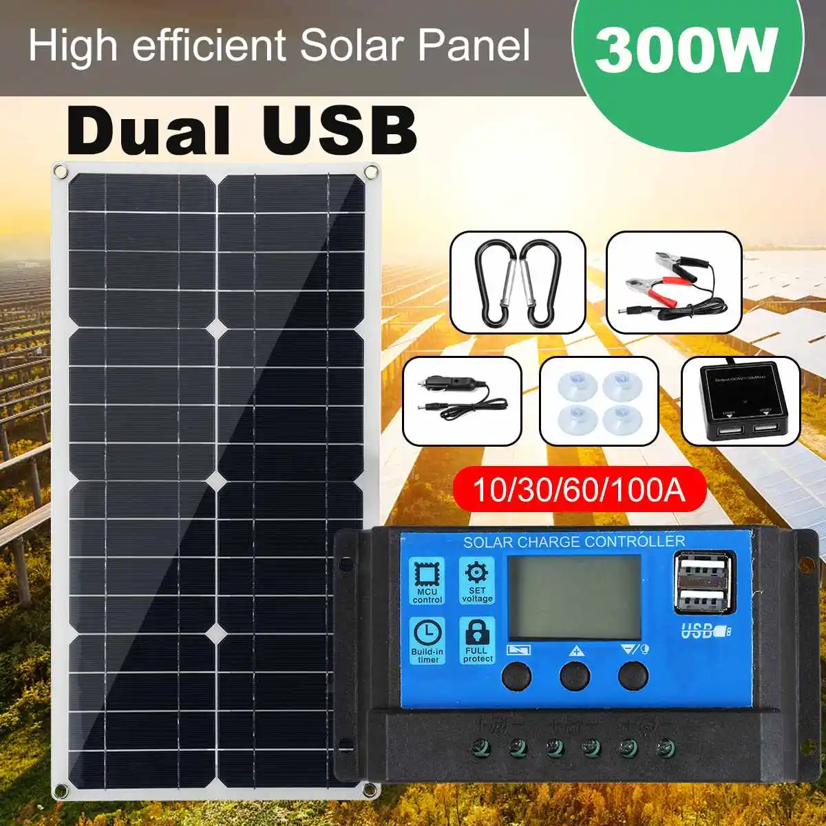 300W Панели солнечные 12V/5V Dual USB Автомобильное зарядное устройство 10 Вт 30 Вт/60/100A