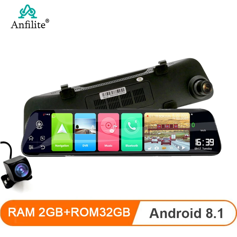 Anfilite 12 "IPS Car Android 8 1 Зеркало 1080P DashCam двойной объектив Автомобильный