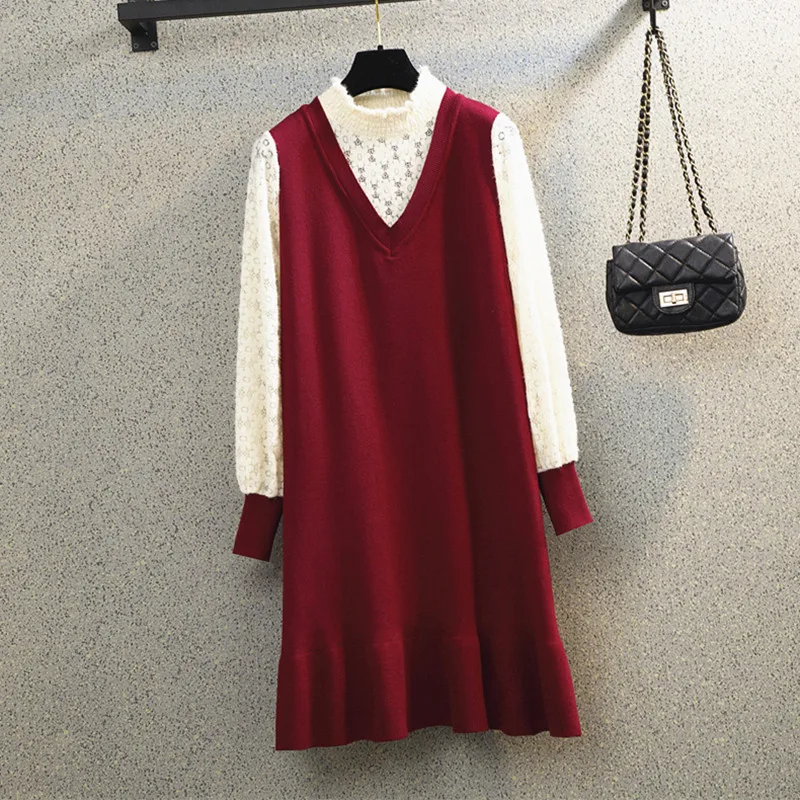 Plus Size Fall Winter Lace Patchwork Knitted Sweater Dresses Office Ladies Elegant Fake Two Pieces Dresses Korean Casual Vestido
Plus Size Fall Winter Lace Patchwork Knitted Sweater Dresses Office Ladies Elegant Fake Two Pieces Dresses Korean Casual Vestido