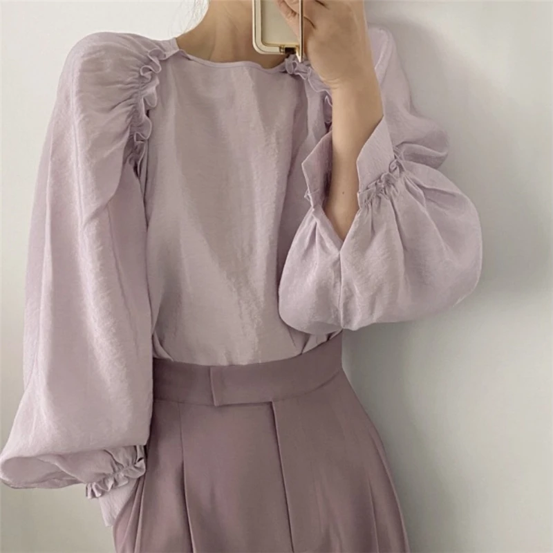 

Korean Loose Summer women Tops 2021 Long-sleeved O-neck Temperament Shirt Ruffle Fashion Shirt Casual Solid Color Blouse 14091