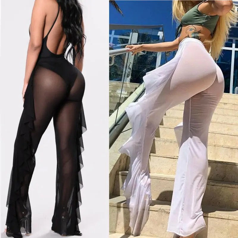 Sexy Women See-through Mesh Ruffle Bottoms Pants Bikini Cover Up Plus Size Loose Long Trousers Beachwear Swimwear Swimsuit | Спорт и