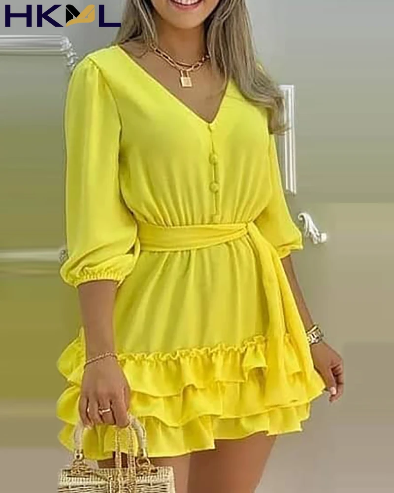 Women Dress Lace Up Ruffles Frill V Neck Plain Hem Casual Office Lady Fashion Outfits 2021 Summer Mini Dress 
Women Dress Lace Up Ruffles Frill V Neck Plain Hem Casual Office Lady Fashion Outfits 2021 Summer Mini Dress