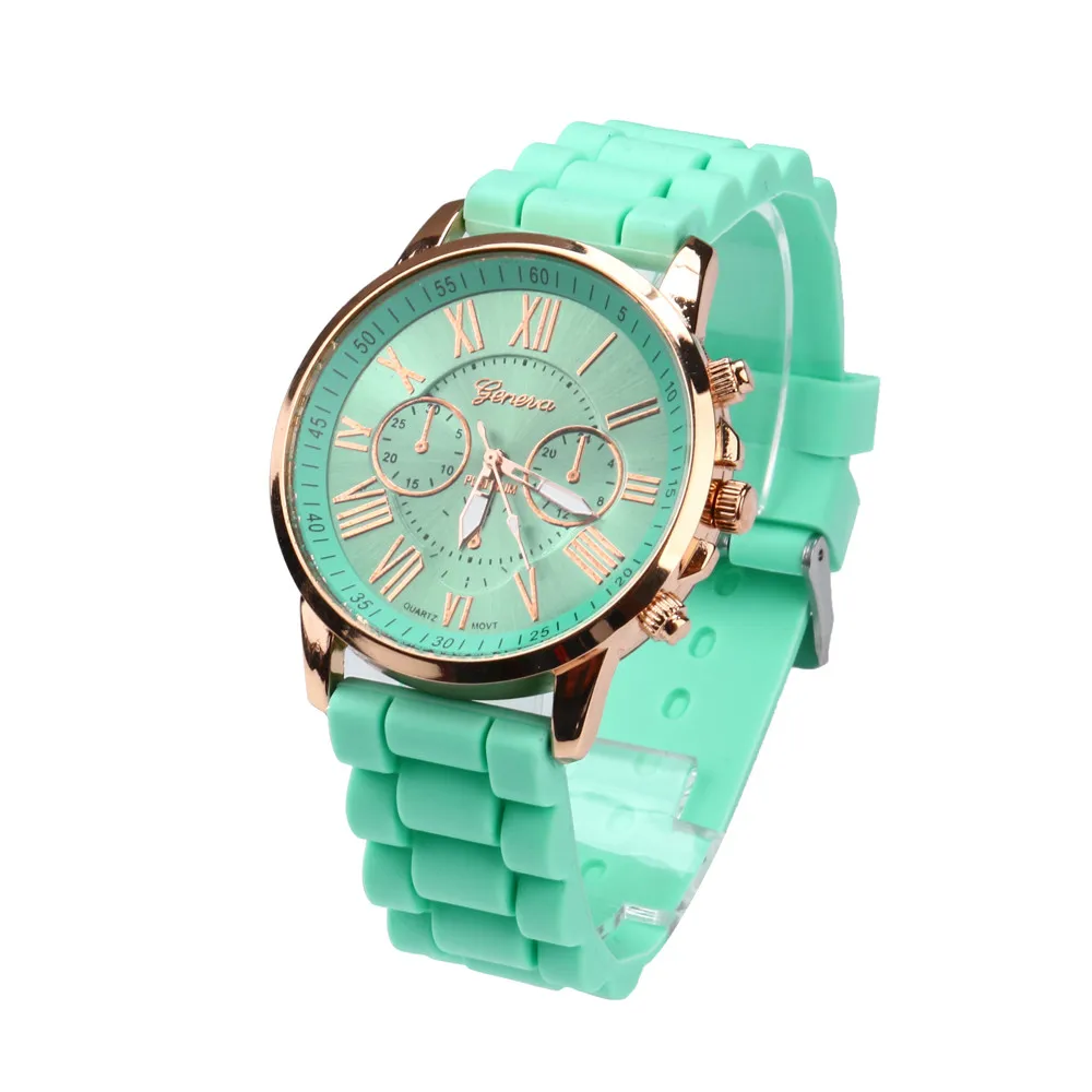 

Women Quartz Wristwatches Geneva Roman Numerals Silicone Jelly Gel Quartz Analog Watch Mint Green