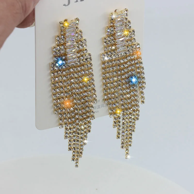 

Long Tassel Geometric Drop Earrings for Women 2021 Bijoux Shiny Full Rhinestone Crystal Dangle Earring Statement Jewelry
