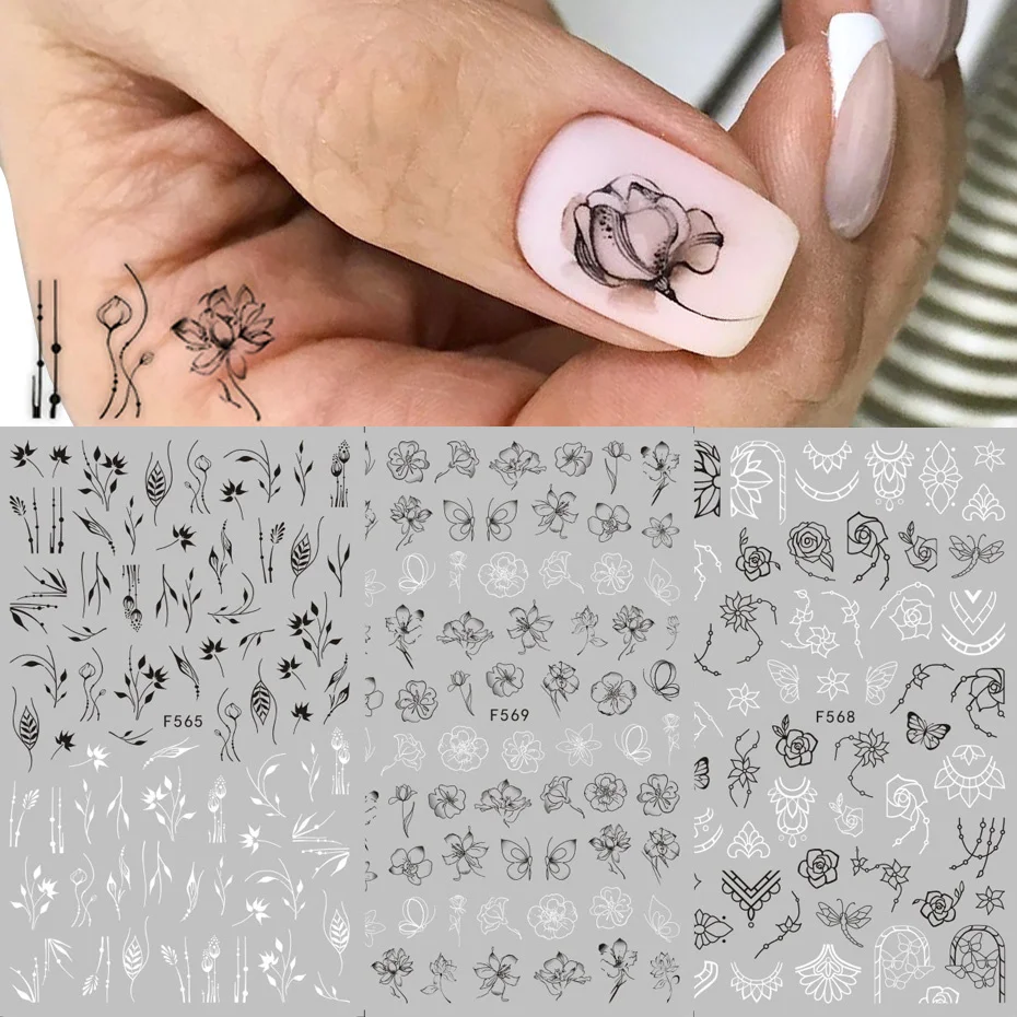 Наклейки для ногтей черные белые стикеры 3D на ногти Nail Art слайдеры цветы мандала