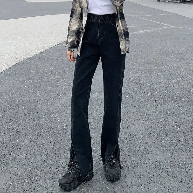 2021 Spring Women Jeans Black Flare Pants Front Side Slit Leg High Waisted Bell Bottom Jeans Full Length Denim Clothes HH248 
2021 Spring Women Jeans Black Flare Pants Front Side Slit Leg High Waisted Bell Bottom Jeans Full Length Denim Clothes HH248