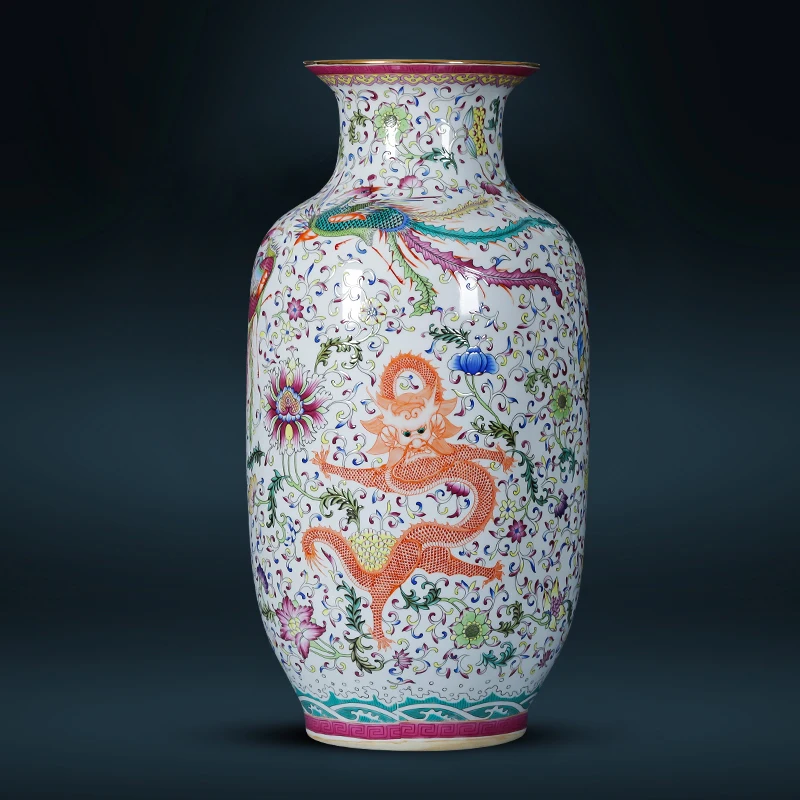 

Jingdezhen Ceramic Floor Vase Pastel Antique Porcelain Vase Dragon Phoenix Large Vase Gourd Vase Retro Home Decoration