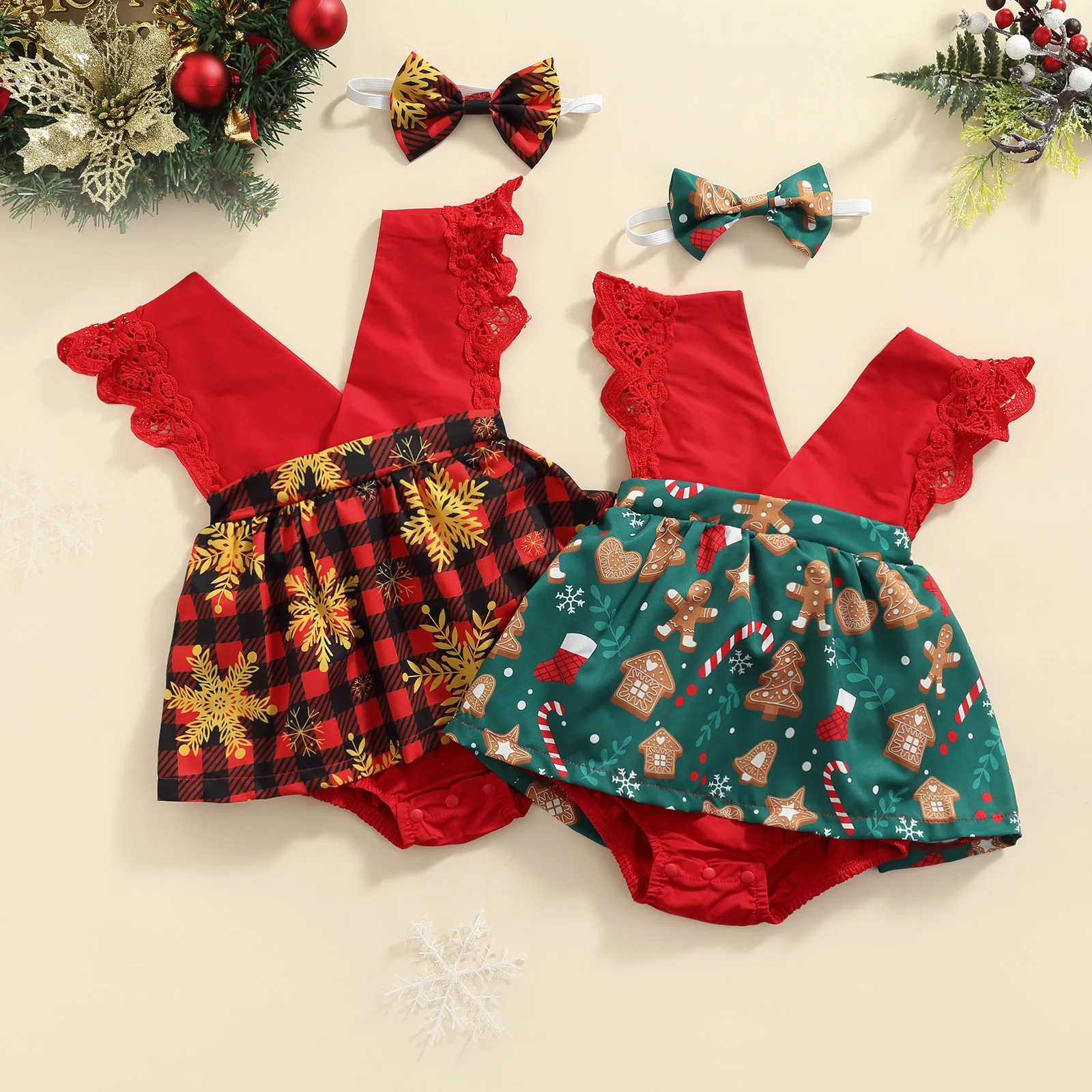 

0-18M Newborn Baby Girl Romper Santa House Plaid Snowflake Print Fly Sleeve V Neck Crotch Buttons Dress-Shaped Jumpsuit