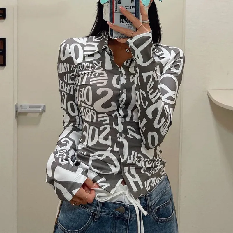 Women Button Down Lapel Shirts Vintage Letter Print Long Sleeve Autumn Polyester Casual Slim Fit Blouses
Women Button Down Lapel Shirts Vintage Letter Print Long Sleeve Autumn Polyester Casual Slim Fit Blouses