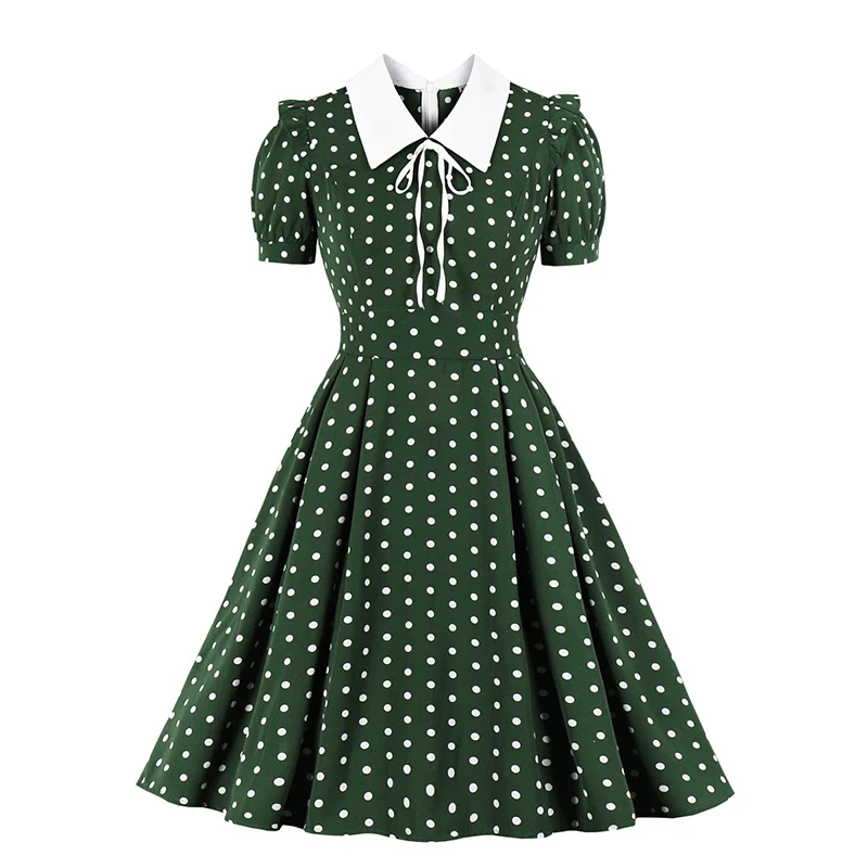

Fashion Summer Women Short Sleeve Polka Dot Printed Vintage Retro 50s 60s Green A Line Skater Swing dress female