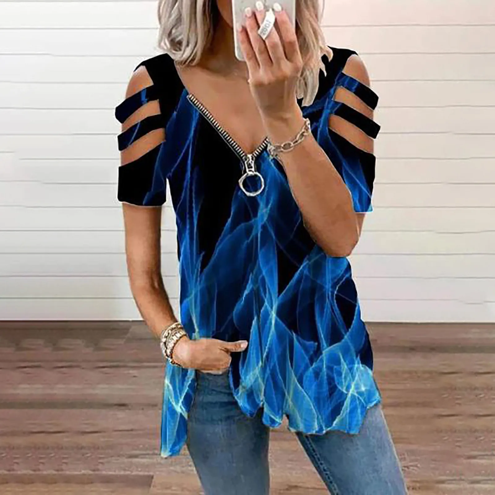 Printed Women Blouse Summer 2021 Casual Hollow Out Short Sleeve Zipper V-neck Top Casual Losoe Blouse
Printed Women Blouse Summer 2021 Casual Hollow Out Short Sleeve Zipper V-neck Top Casual Losoe Blouse