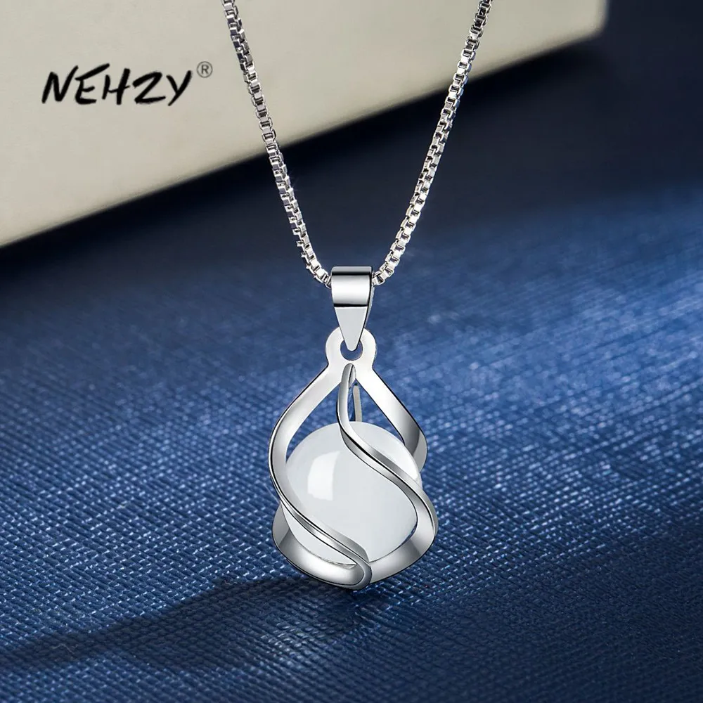 

NEHZY S925 Stamp Silver 2021 New Woman Fashion Jewelry High Quality Round Opal Agate Drop Pendant Necklace Length 45CM