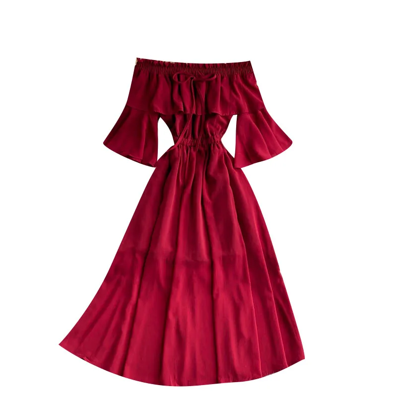 2021 summer new women slash neck flare sleeve ruffles chiffon A-line dress female Chic elegant waist beach dresses 
2021 summer new women slash neck flare sleeve ruffles chiffon A-line dress female Chic elegant waist beach dresses