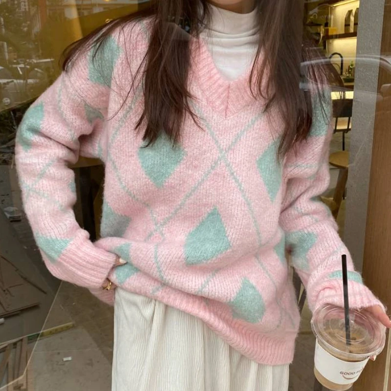 

Oneimirry Argyle Sweater Woman Pink Knitted Pullover V-Neck Korean Cute Jumpers Tops Fall Winter 2020 Women Clothing Dropship