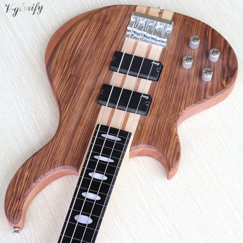 4 string left hand fretless neck through active electric bass guitar zebrawood top solid okoume wood body with fret line | Спорт и