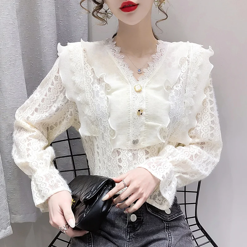 Autumn Korean Sweet Loose Clothes Lace Up Ruffled Women Blouses Fashion Stand Collat Ladies Tops Vintage Lace Shirts Women
Autumn Korean Sweet Loose Clothes Lace Up Ruffled Women Blouses Fashion Stand Collat Ladies Tops Vintage Lace Shirts Women