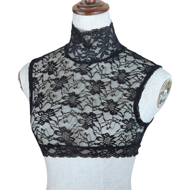 

Q1FA Women Turtleneck Floral Lace Half Shirt Faux Collar Scalloped Trim Bottoming Sleeveless Vest Decorative See-Through Dickey