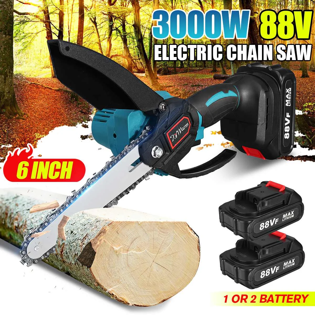 3000W 6 Inch 88V Mini Electric Chain Saw With 2Pcs Battery Woodworking Pruning Saw One-handed Garden Trimming Logging Power Tool
3000W 6 Inch 88V Mini Electric Chain Saw With 2Pcs Battery Woodworking Pruning Saw One-handed Garden Trimming Logging Power Tool