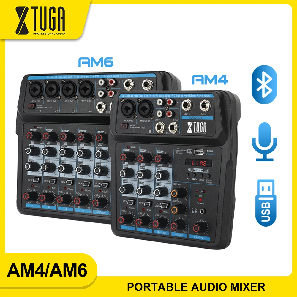 Мини-микшер XTUGA AM4/AM6, DJ-консоль со звуковой картой, Bluetooth,USB, фантомным питанием 48 В для ПК, записи, пения, вечеринки
Мини-микшер XTUGA AM4/AM6, DJ-консоль со звуковой картой, Bluetooth,USB, фантомным питанием 48 В для ПК, записи, пения, вечеринки