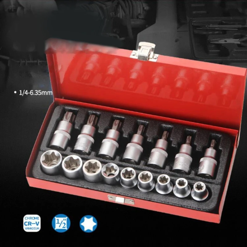 16 Pcs Torx Star Bit Socket Set with Storgae Box Chrome Vanadium Steel E10-E24 T30-T70 Hexagon Socket Set Durable
16 Pcs Torx Star Bit Socket Set with Storgae Box Chrome Vanadium Steel E10-E24 T30-T70 Hexagon Socket Set Durable