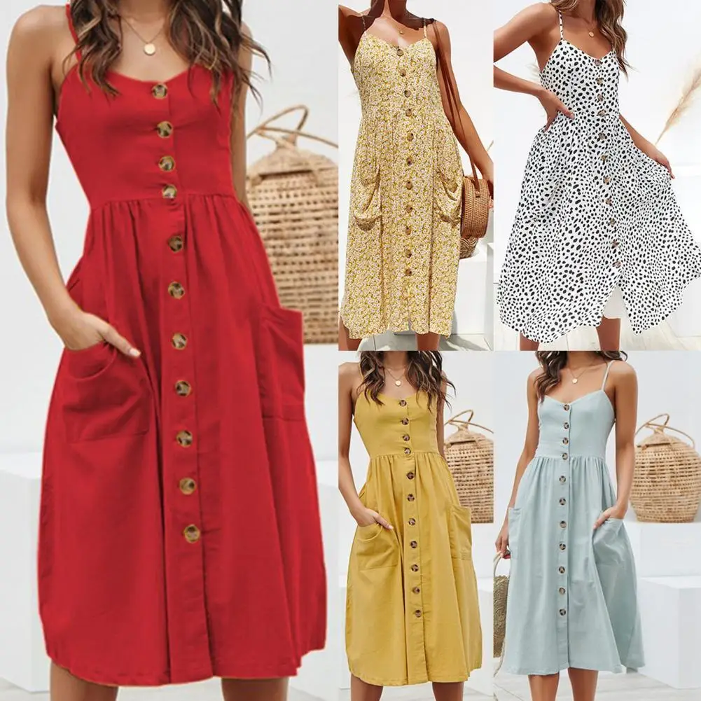 Stylish Party Dress Waist Tight Women Spaghetti Straps Buttons Pockets Midi Dress Sling Dress Women Dress
Stylish Party Dress Waist Tight Women Spaghetti Straps Buttons Pockets Midi Dress Sling Dress Women Dress