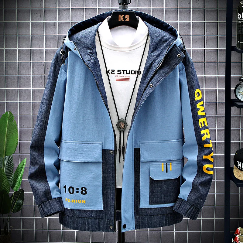Spring new coat casual hooded stitching tooling jacket men and Hong Kong style large size students 
Spring new coat casual hooded stitching tooling jacket men and Hong Kong style large size students