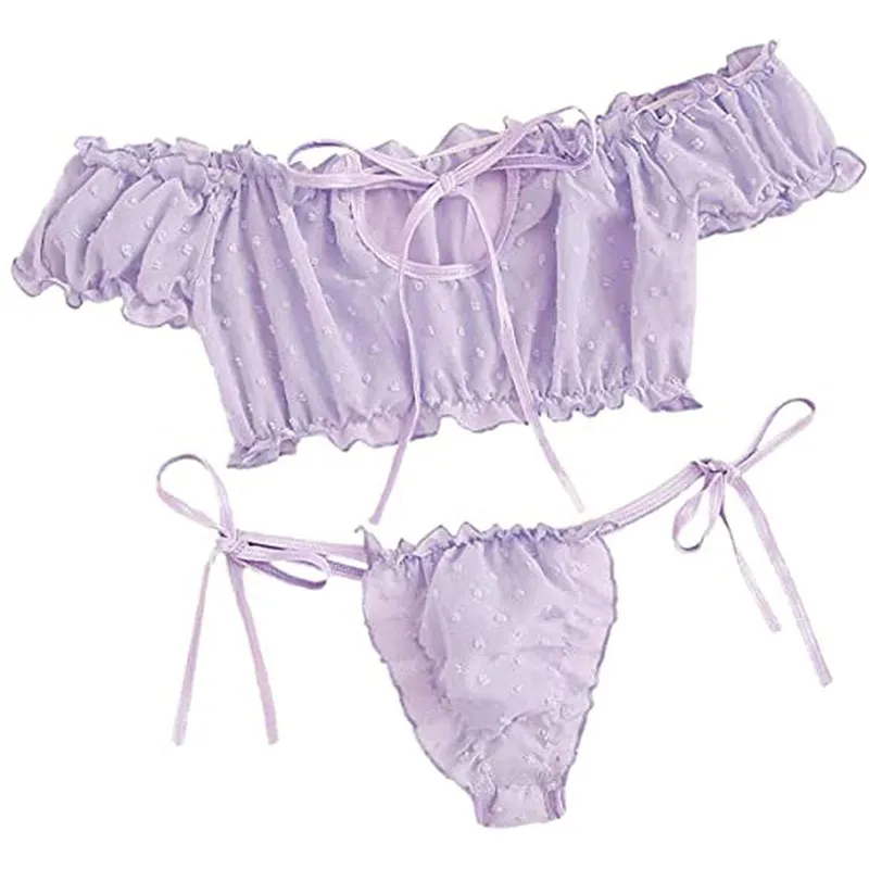 Womens Sexy Two Piece Bra and Tong Lingerie Set Self Tie Ruffle Trim Dobby Mesh Babydoll Sleepwear
Womens Sexy Two Piece Bra and Tong Lingerie Set Self Tie Ruffle Trim Dobby Mesh Babydoll Sleepwear