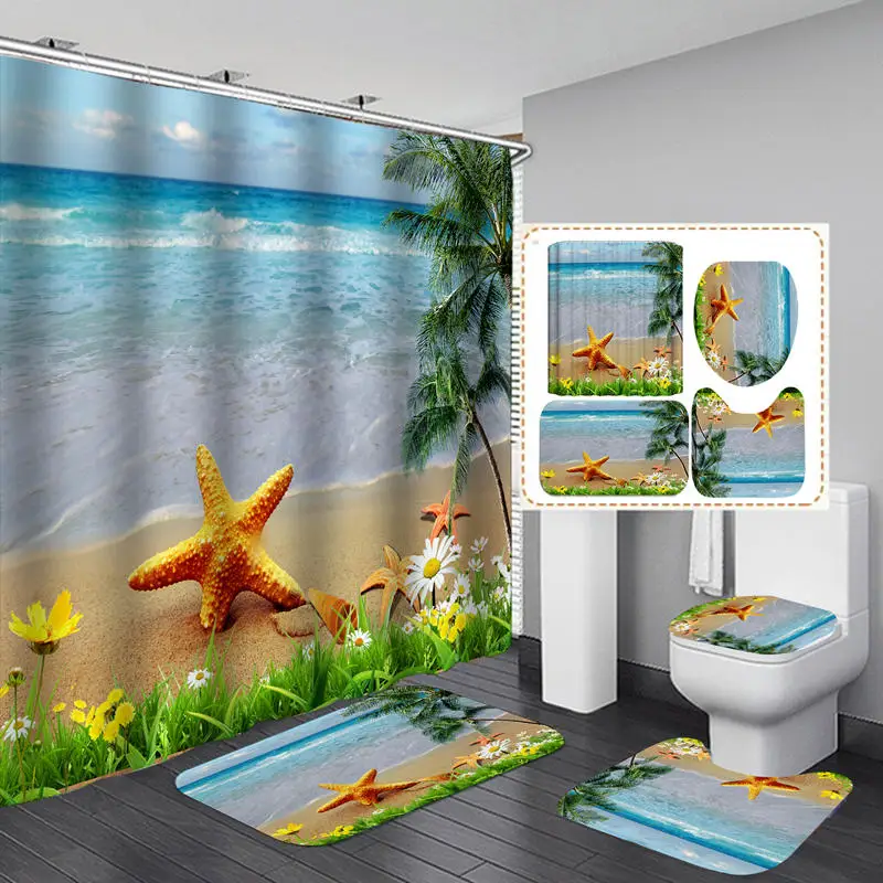 Starfish and Sea Flannel Bath Mat Toilet Cover Rugs Fabric Shower Curtain With 12 Hooks Home Bathroom Decor Set
Starfish and Sea Flannel Bath Mat Toilet Cover Rugs Fabric Shower Curtain With 12 Hooks Home Bathroom Decor Set
