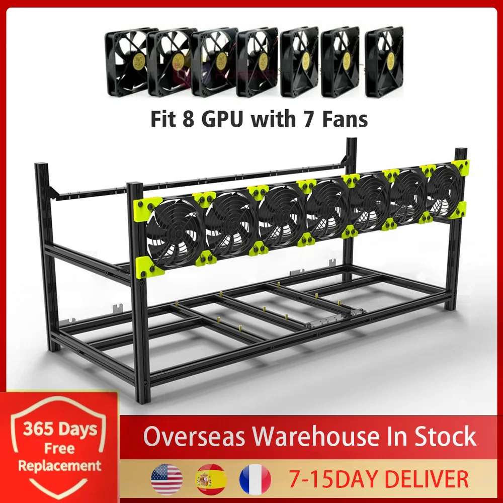8 GPU Miner Mining Rig алюминиевый чехол с открытым Ямом 7 вентиляторами сеткой ETH/ETC/ZEC Frame