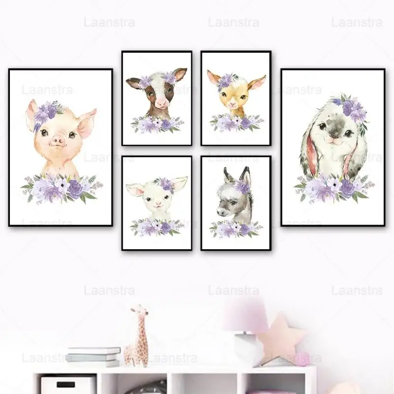 Nordic Poster and Print Purple Flowers Cartoon Rabbit Sheep Cow Pig Animal Nursery Wall Art Canvas Painting Kids Baby Room Decor
Nordic Poster and Print Purple Flowers Cartoon Rabbit Sheep Cow Pig Animal Nursery Wall Art Canvas Painting Kids Baby Room Decor