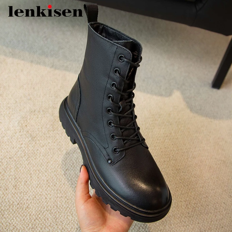 

Рабочие ботинки Lenkisen из натуральной кожи, уличная одежда с перекрестной шнуровкой, на толстом среднем каблуке, с круглым носком, на шнуровке...