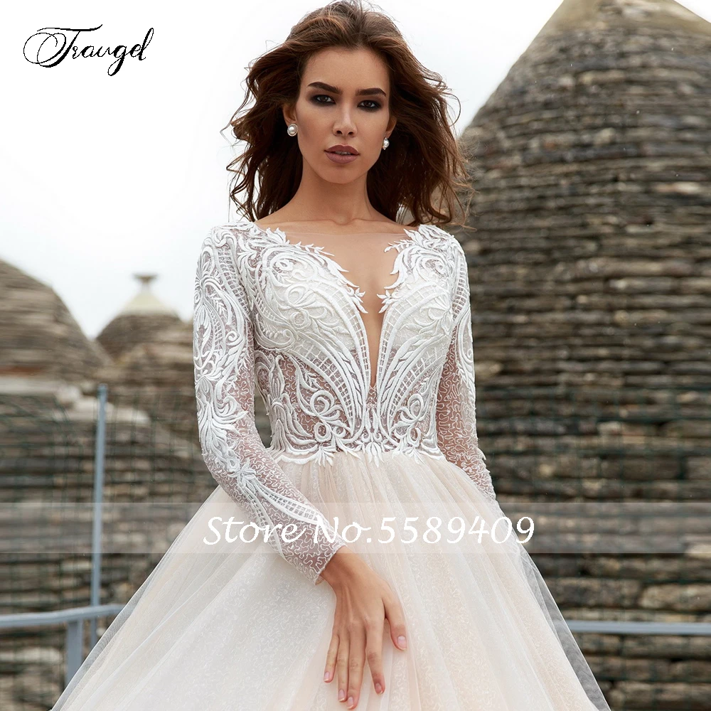 Traugel Scoop A Line Lace Wedding Dresses Elegant Applique Long Sleeve Button Bride Dresses Chapel Train Bridal Gown Plus Size 
Traugel Scoop A Line Lace Wedding Dresses Elegant Applique Long Sleeve Button Bride Dresses Chapel Train Bridal Gown Plus Size