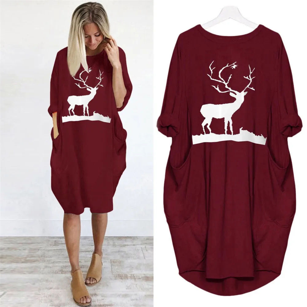 Elk Printed Casual Dress Solid Color Long Sleeve Pockets Knee Length Christmas Dress Women Plus Size Female Clothing
Elk Printed Casual Dress Solid Color Long Sleeve Pockets Knee Length Christmas Dress Women Plus Size Female Clothing