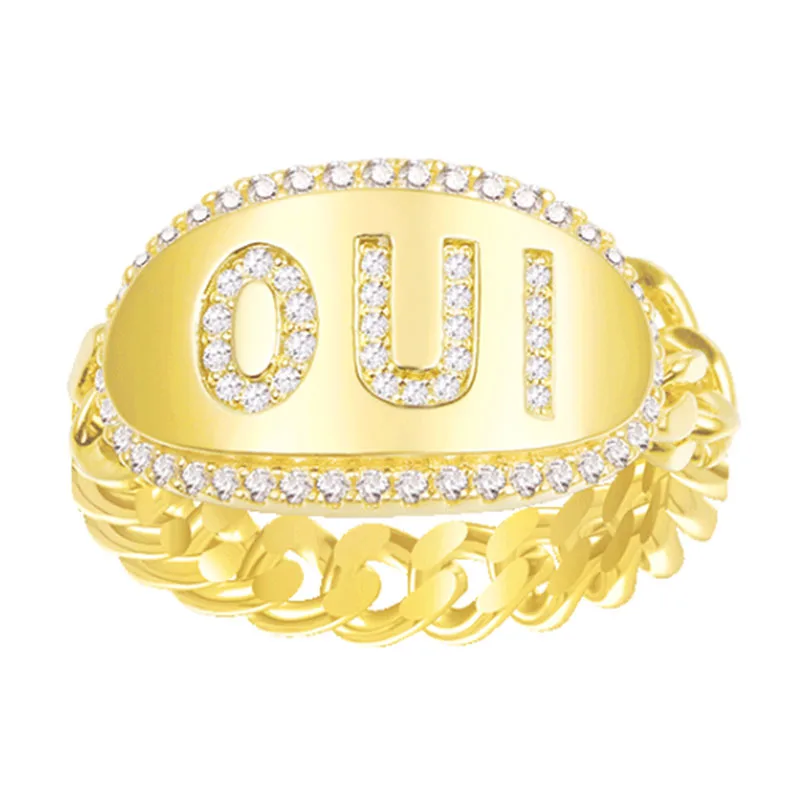 Popular Gold Geometric Inlaid Rhinestone Zircon Ring for Women with Half Chain Lettering "OUI" Copper Jewelry Size 6-10
Popular Gold Geometric Inlaid Rhinestone Zircon Ring for Women with Half Chain Lettering "OUI" Copper Jewelry Size 6-10
