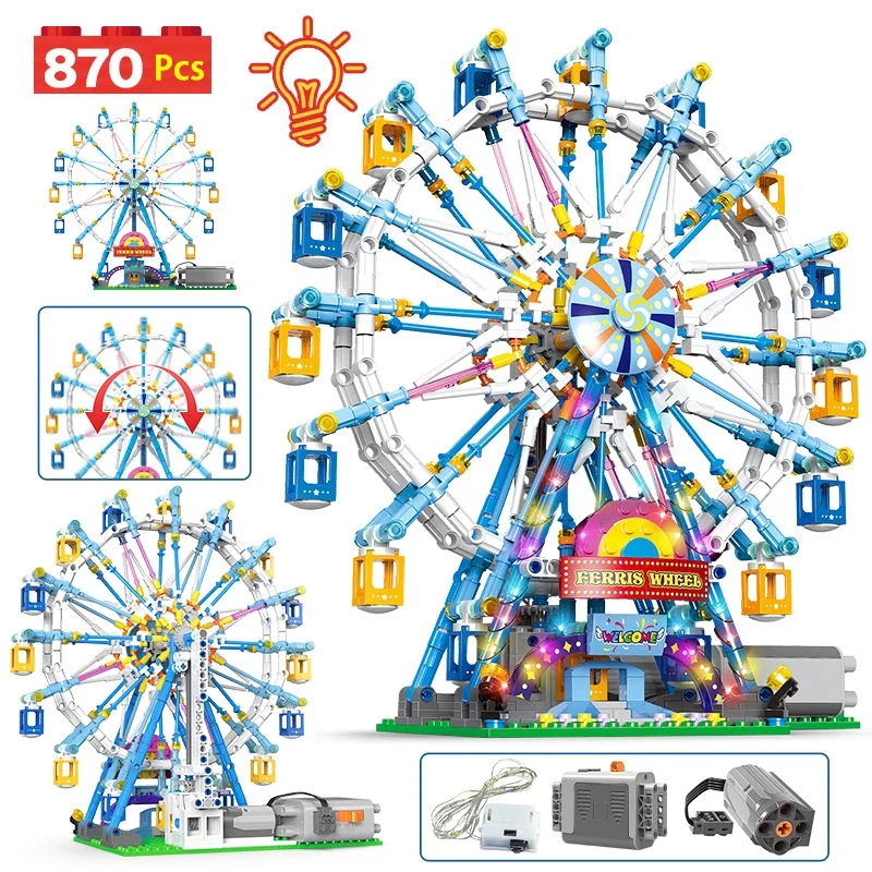 

City Street View MOC Technical Rotating Ferris Wheel Building Blocks Friends Electric Light Amusement Park Bricks Toys Gifts